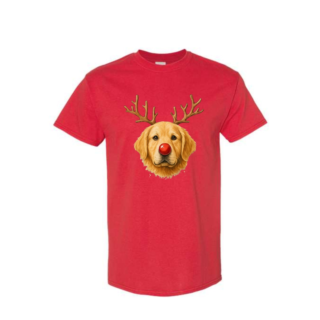 Merry & Furry Tees:Reindeer Golden Retriever Christmas Design – Cute Holiday Dog Graphic