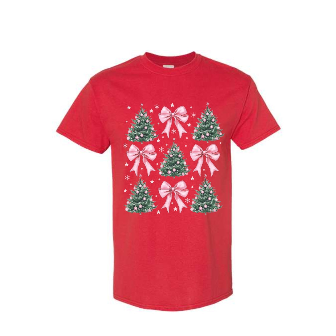 Holiday Shirt -Pink Bow Christmas Trees Graphic