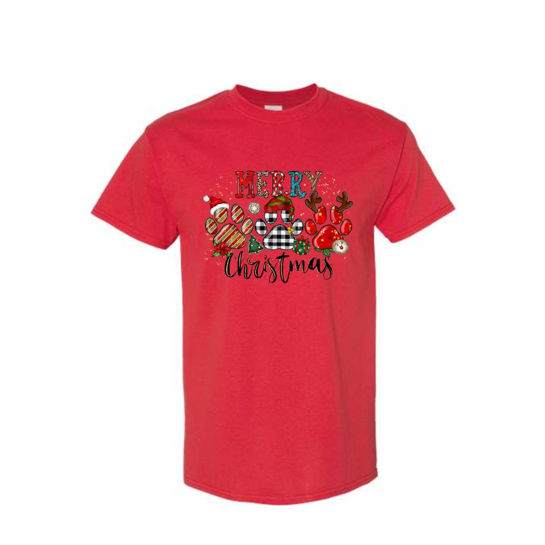 Merry & Furry Tees: Merry Christmas Paw Print Buffalo Plaid Holiday Apparel – Cute Festive Dog Lover Design
