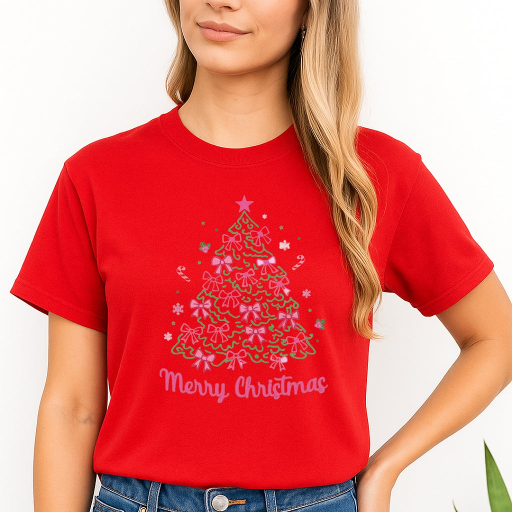 Holiday Shirt -Merry Christmas Pink Bow Tree Graphic