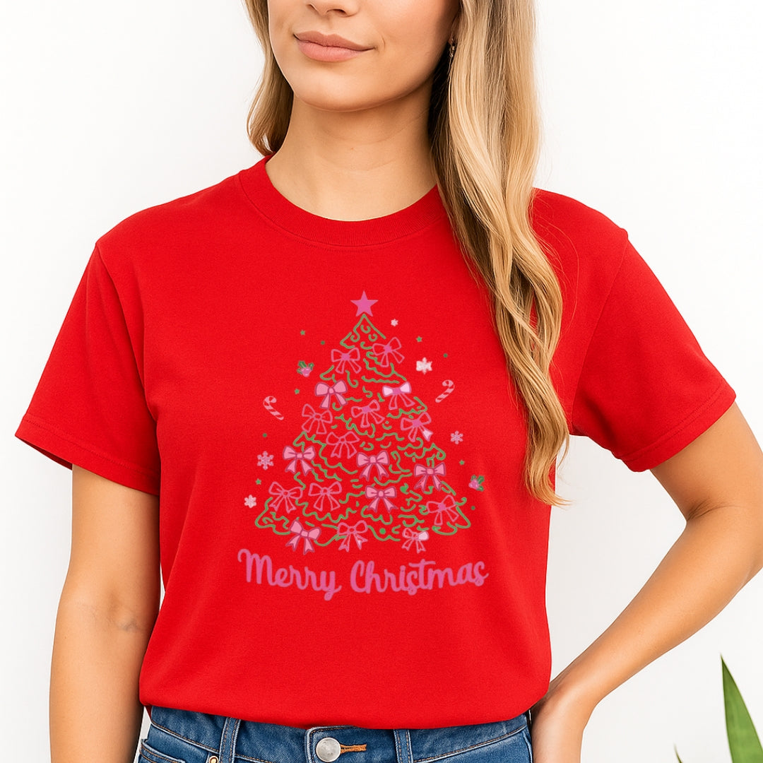Holiday Shirt -Merry Christmas Pink Bow Tree Graphic
