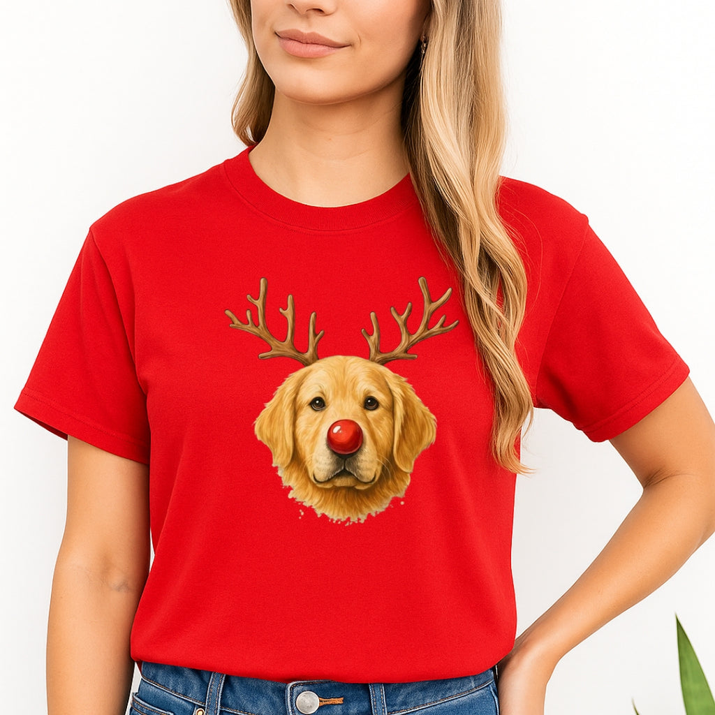 Merry & Furry Tees:Reindeer Golden Retriever Christmas Design – Cute Holiday Dog Graphic