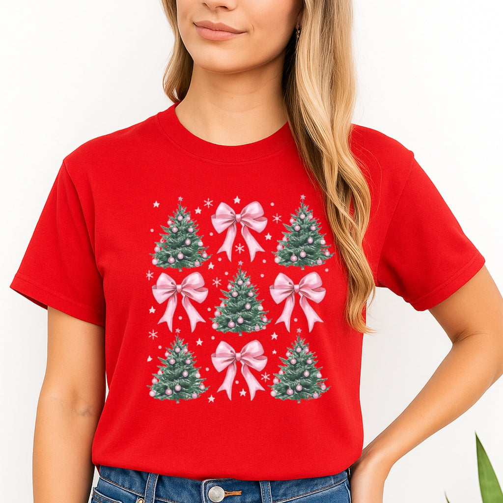 Holiday Shirt -Pink Bow Christmas Trees Graphic