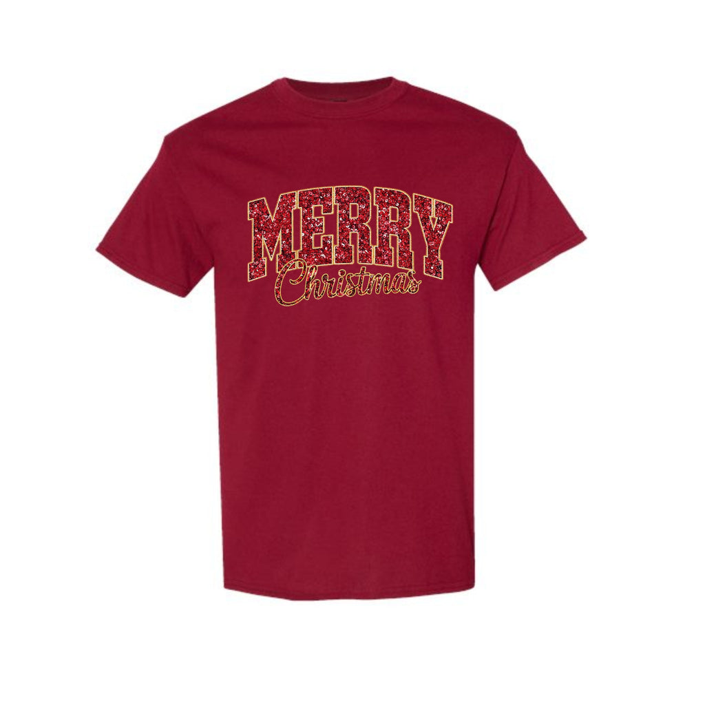 Minimalist Holiday Shirt - “Merry Christmas” Glitter Varsity Design