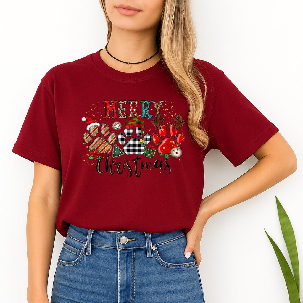 Merry & Furry Tees: Merry Christmas Paw Print Buffalo Plaid Holiday Apparel – Cute Festive Dog Lover Design