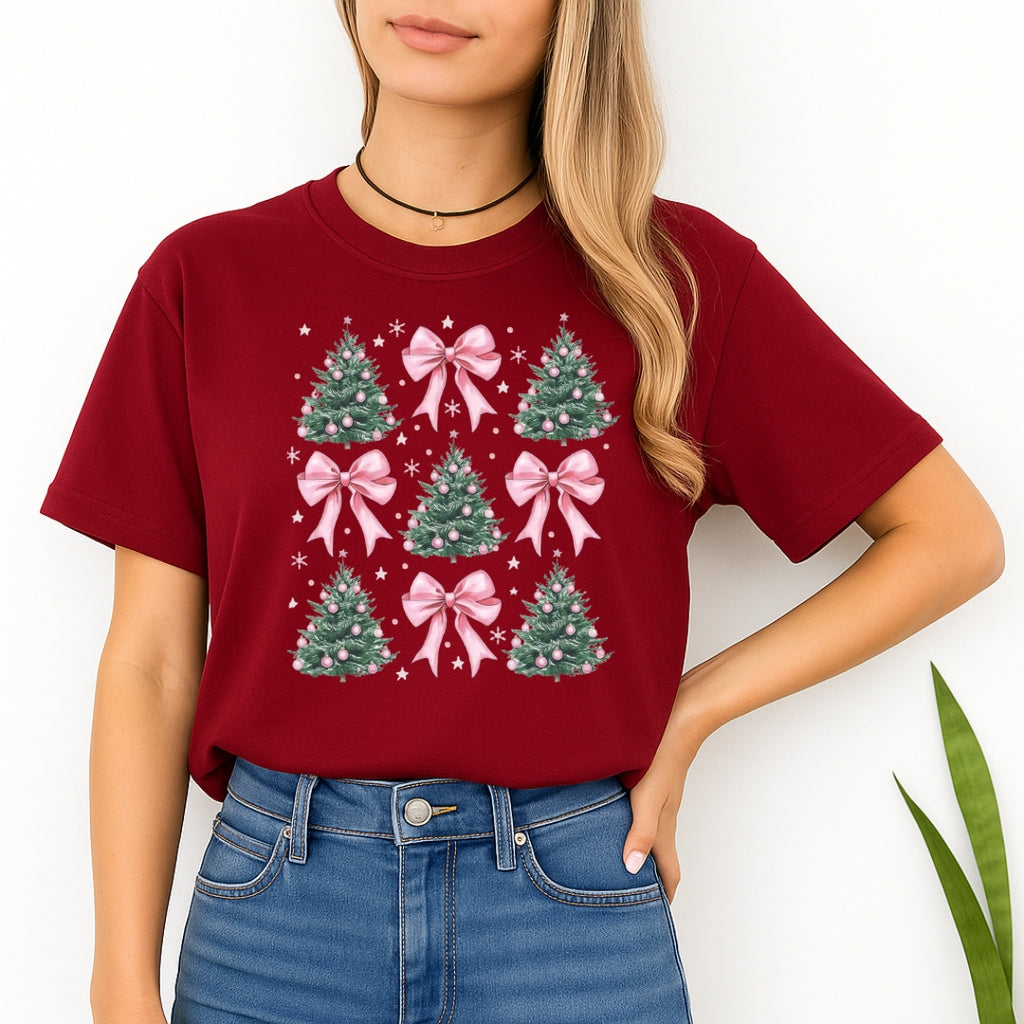 Holiday Shirt -Pink Bow Christmas Trees Graphic