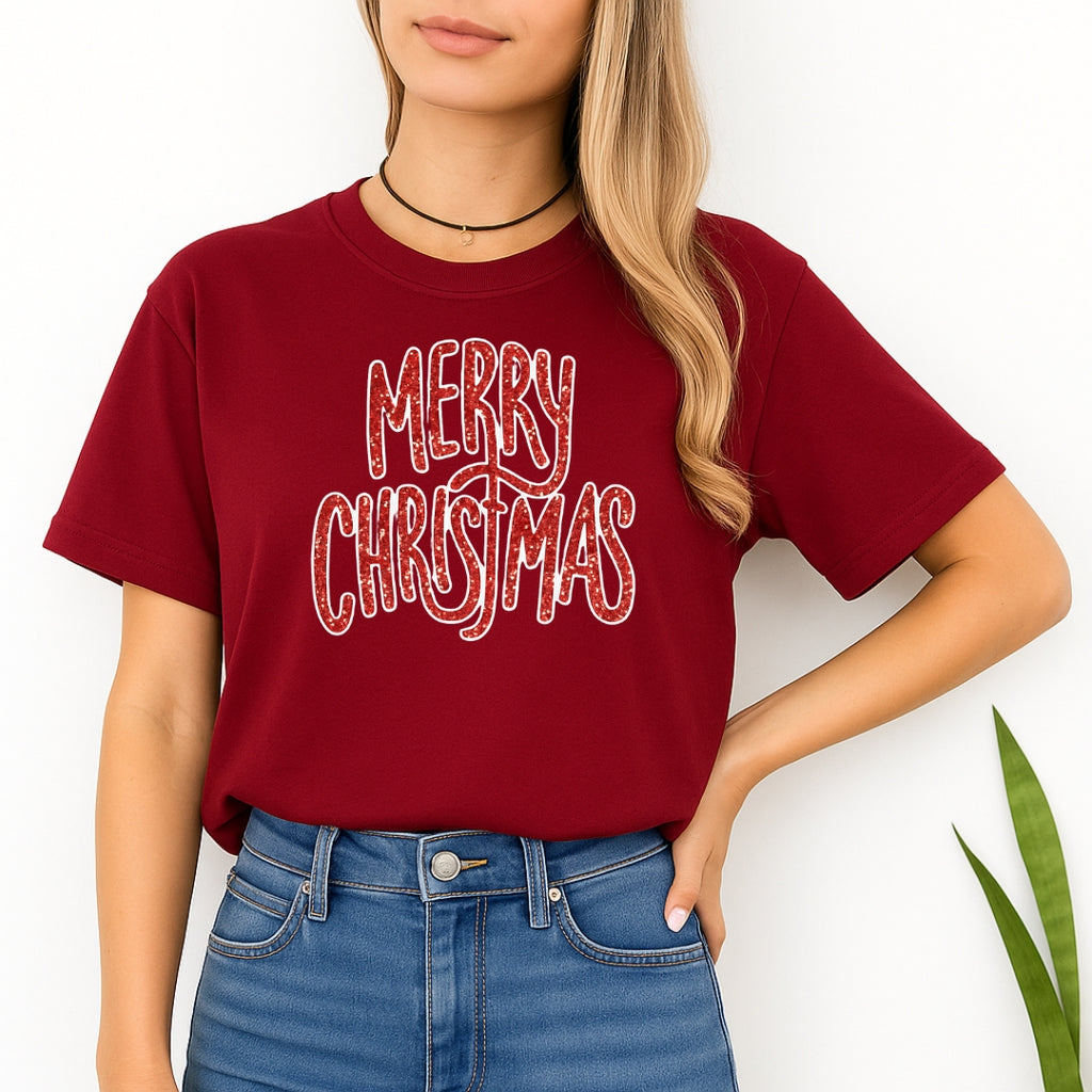 Minimalist Holiday Shirt - “Merry Christmas” Glitter Script Design