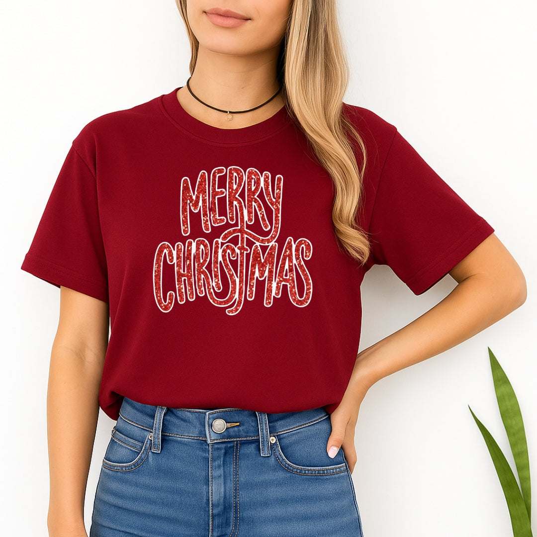 Minimalist Holiday Shirt - “Merry Christmas” Glitter Script Design