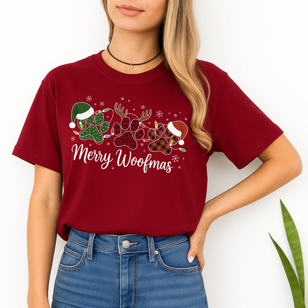 Christmas Tee for Pet Parents : Merry Woofmas Paw Print Apparel – Festive Dog Lover Christmas Gift