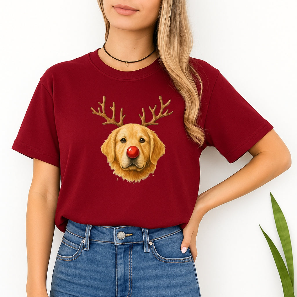 Merry & Furry Tees:Reindeer Golden Retriever Christmas Design – Cute Holiday Dog Graphic