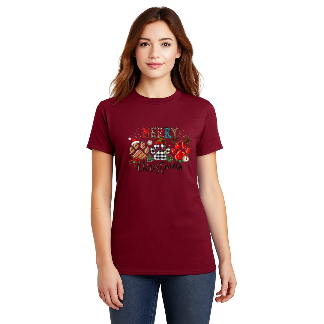 Merry & Furry Tees: Merry Christmas Paw Print Buffalo Plaid Holiday Apparel – Cute Festive Dog Lover Design