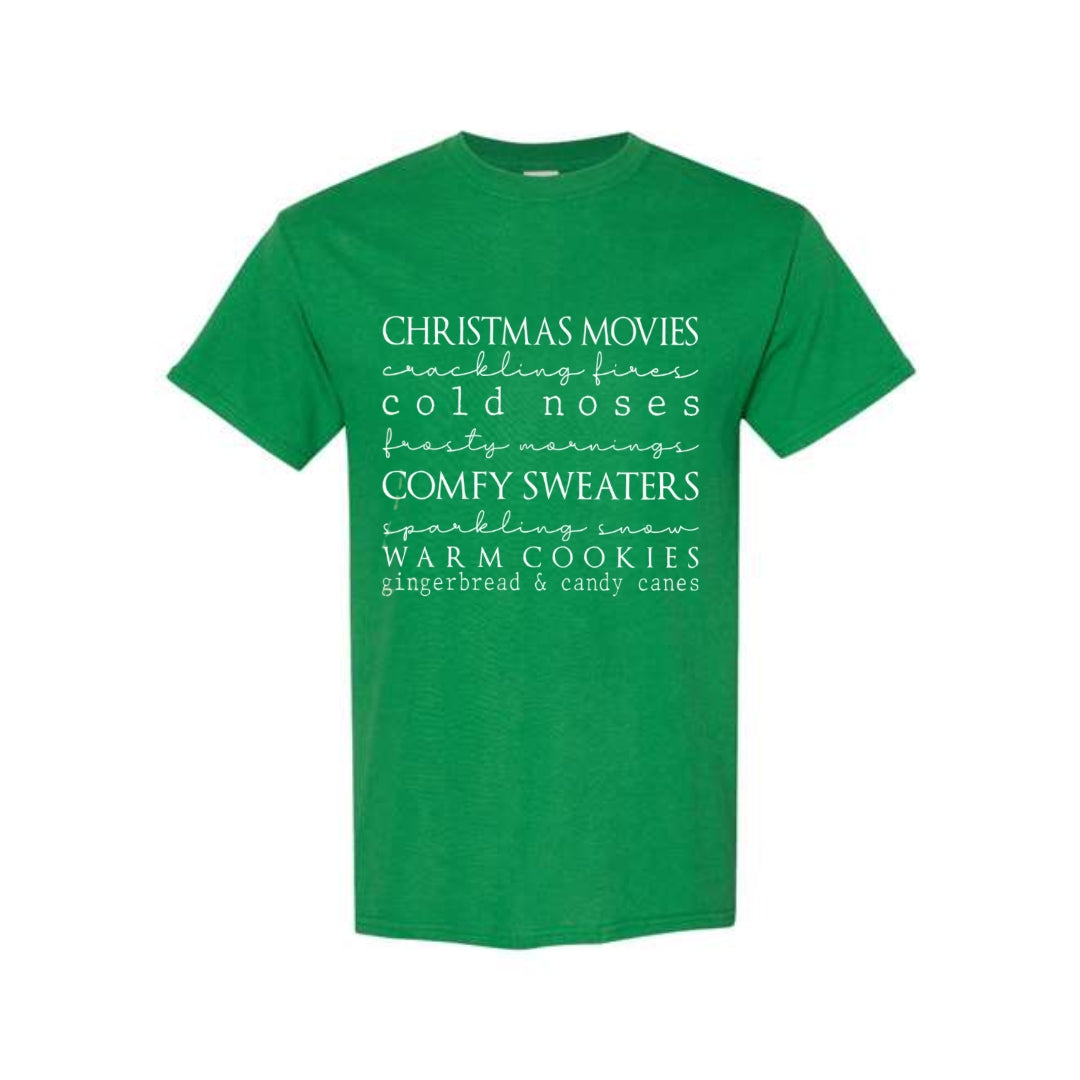 Minimalist Holiday Shirt - Christmas movies, crackling fires, cold noses, frosty mornings, comfy sweaters, sparkling snow, warm cookies, gingerbread & candy canes