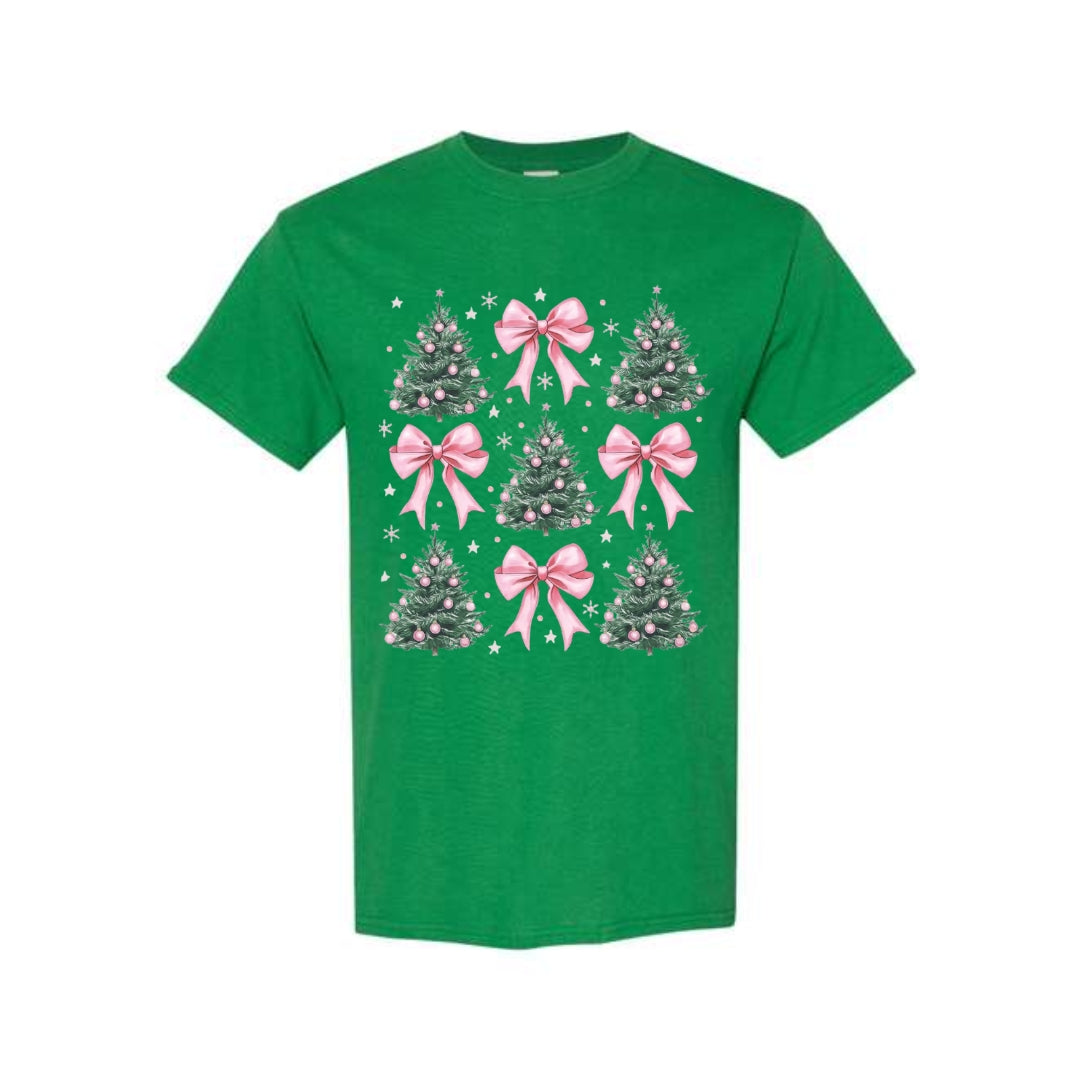 Holiday Shirt -Pink Bow Christmas Trees Graphic