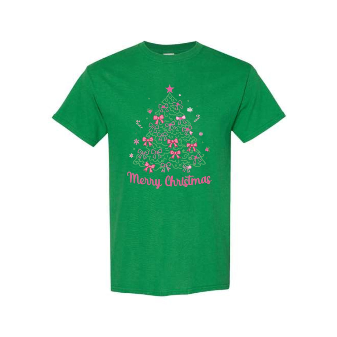 Holiday Shirt -Merry Christmas Pink Bow Tree Graphic