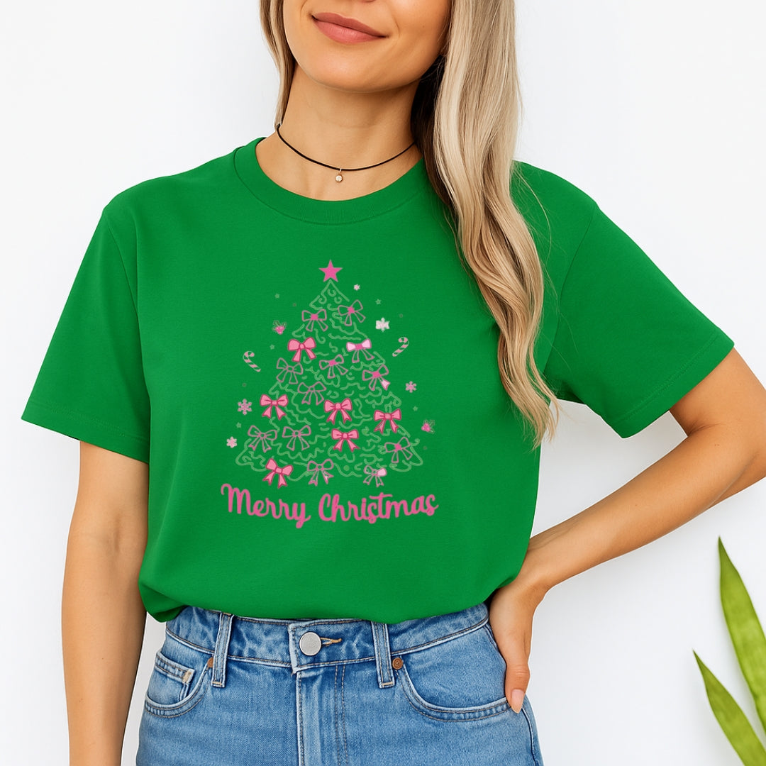 Holiday Shirt -Merry Christmas Pink Bow Tree Graphic