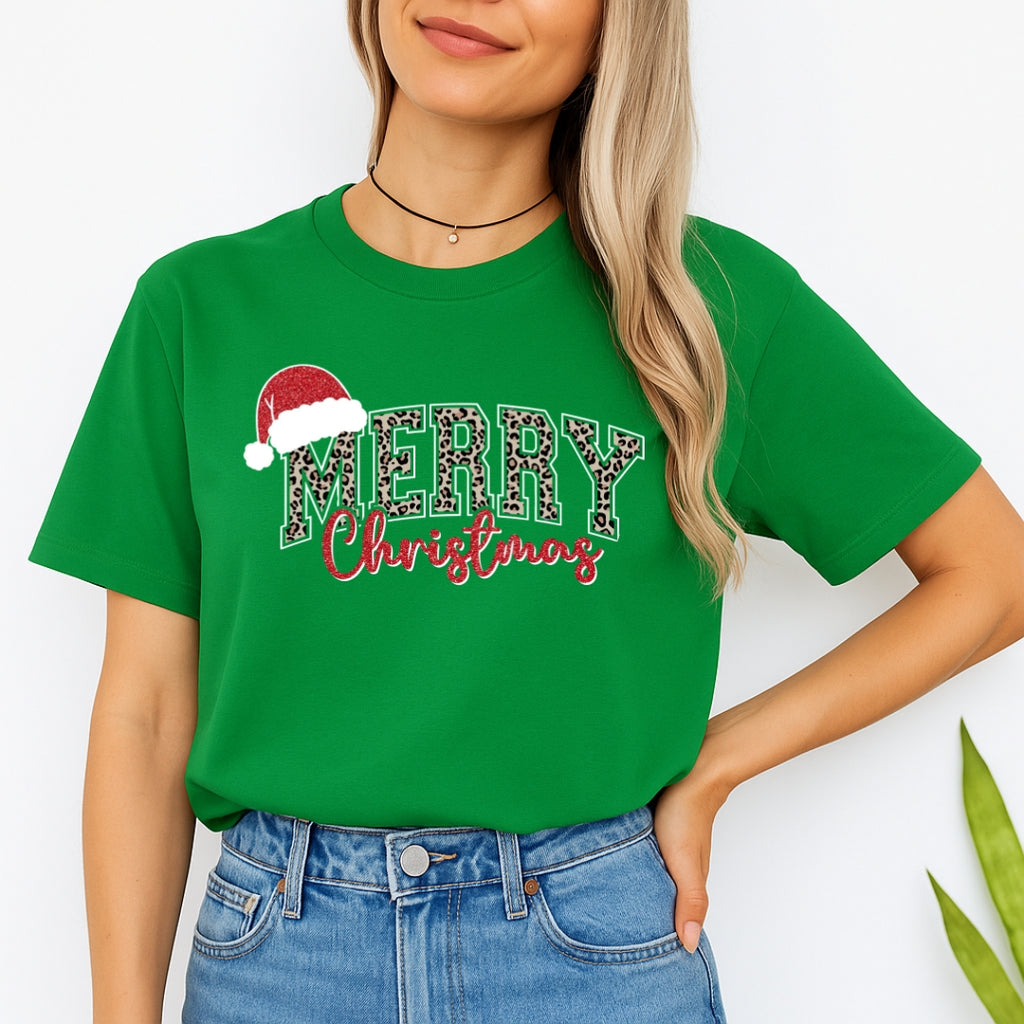 Holiday Shirt - “Merry Christmas” Leopard Santa Design
