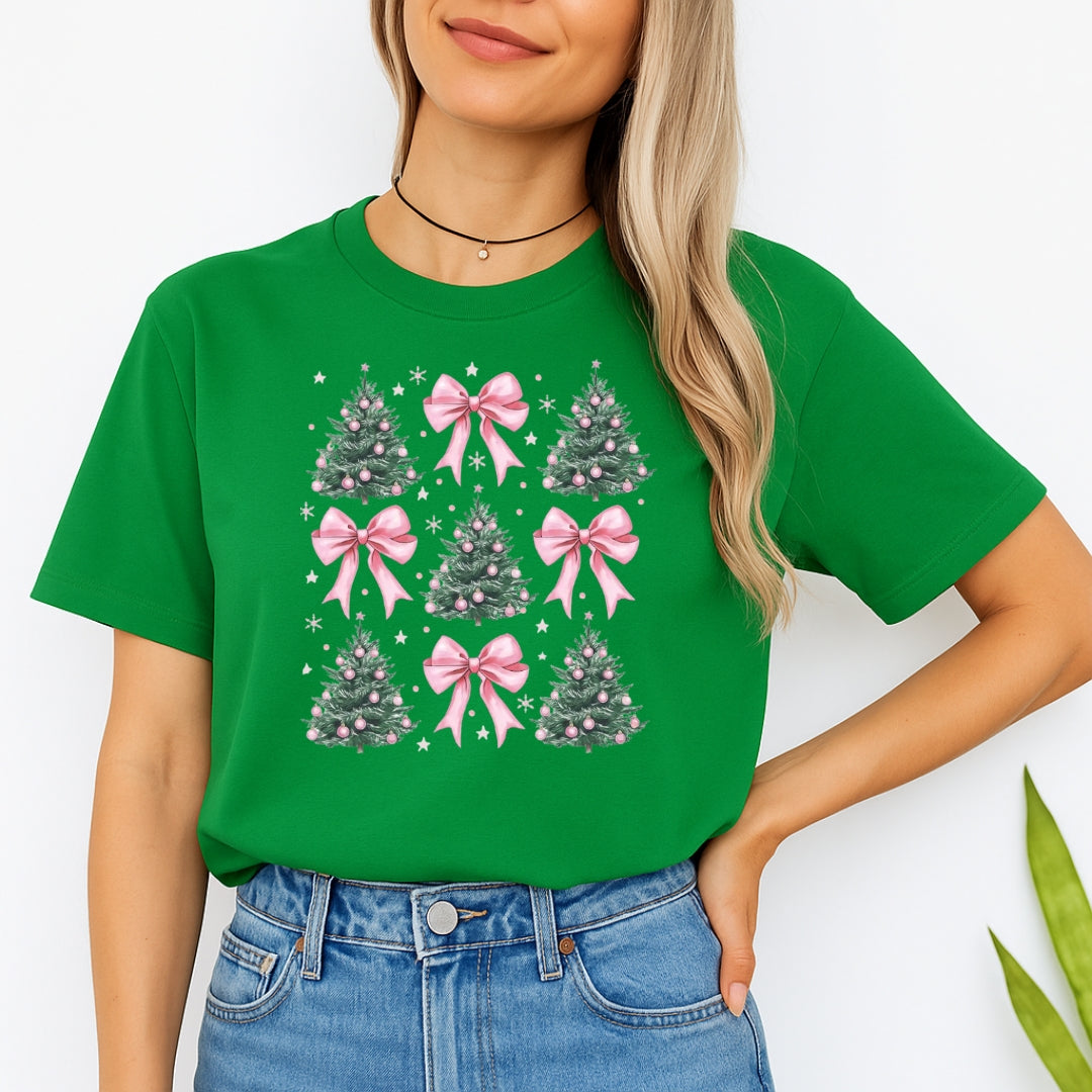 Holiday Shirt -Pink Bow Christmas Trees Graphic