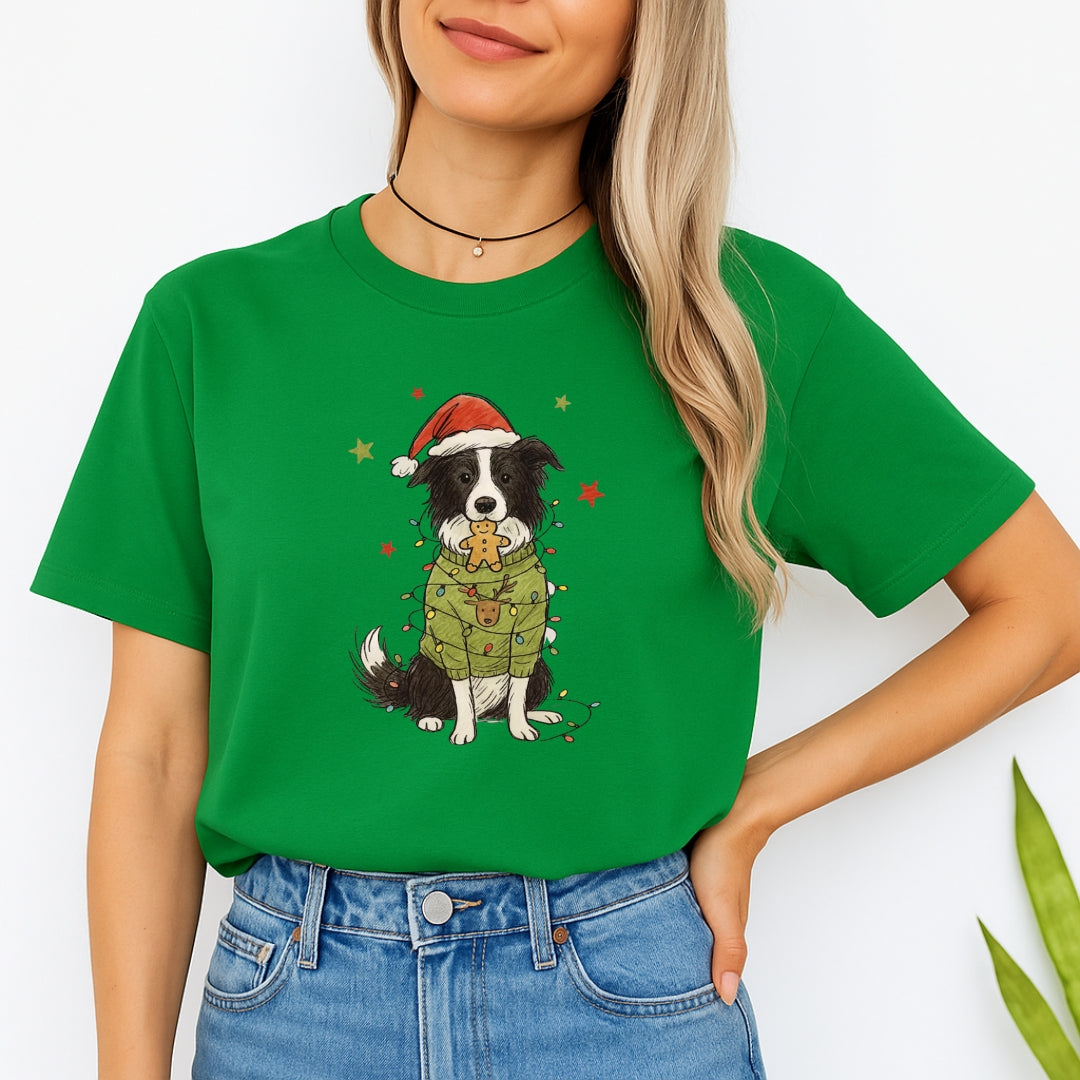 Merry & Furry Tees: Border Collie Christmas Lights Design – Cute Holiday Dog Lover Gift