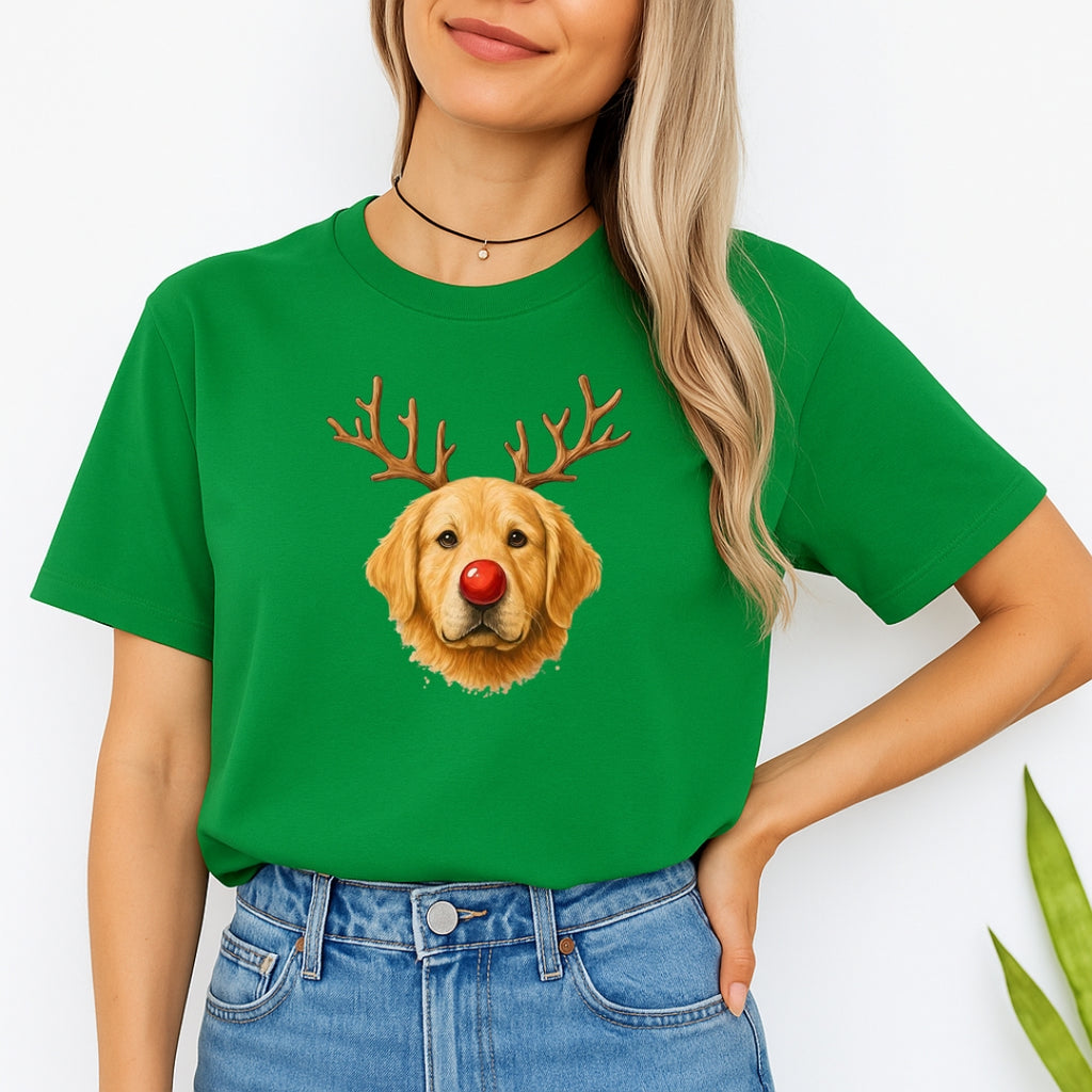 Merry & Furry Tees:Reindeer Golden Retriever Christmas Design – Cute Holiday Dog Graphic