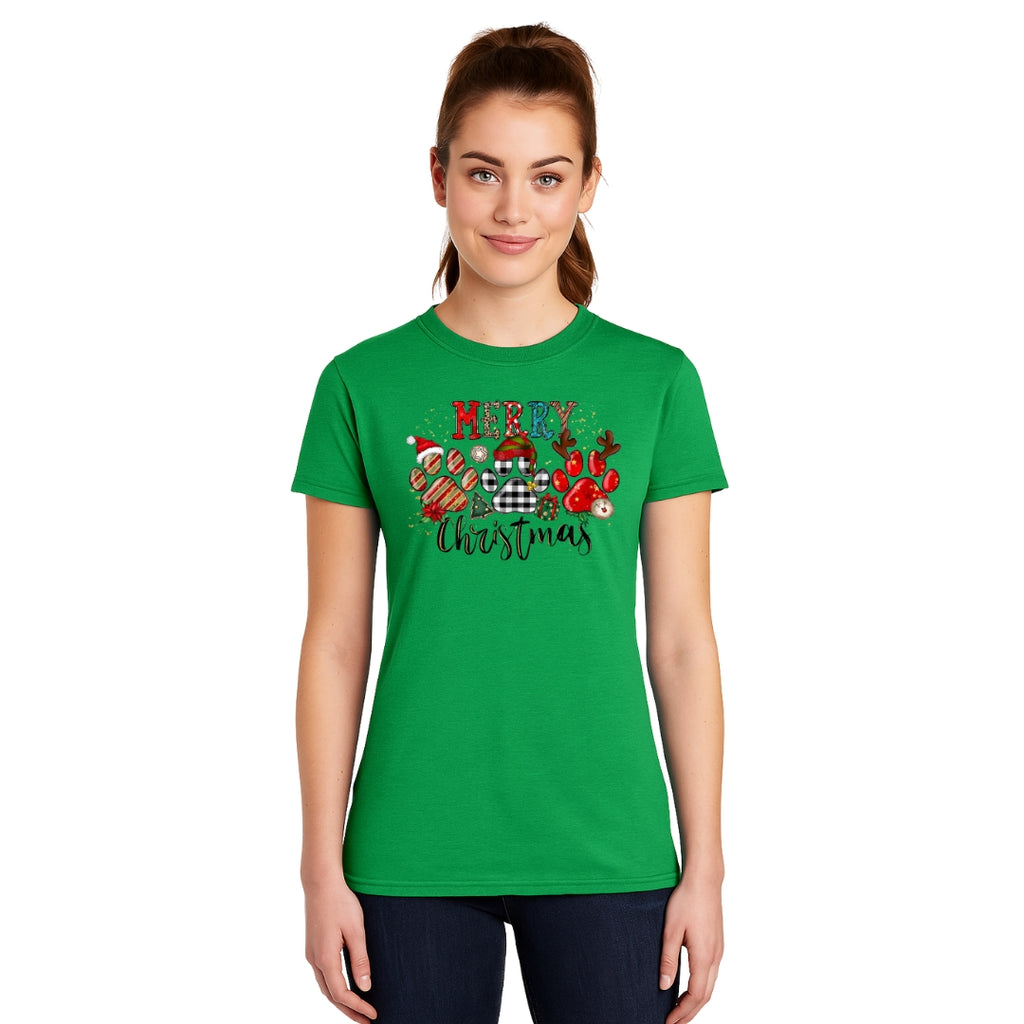 Merry & Furry Tees: Merry Christmas Paw Print Buffalo Plaid Holiday Apparel – Cute Festive Dog Lover Design