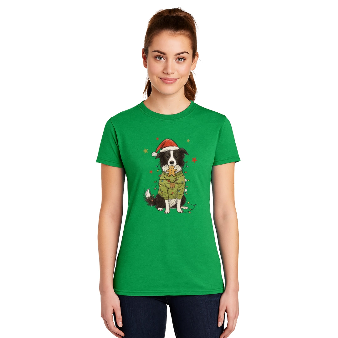 Merry & Furry Tees: Border Collie Christmas Lights Design – Cute Holiday Dog Lover Gift