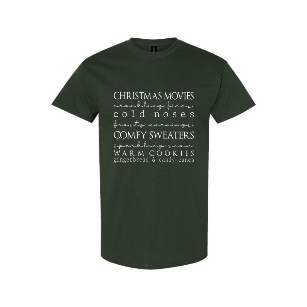 Minimalist Holiday Shirt - Christmas movies, crackling fires, cold noses, frosty mornings, comfy sweaters, sparkling snow, warm cookies, gingerbread & candy canes