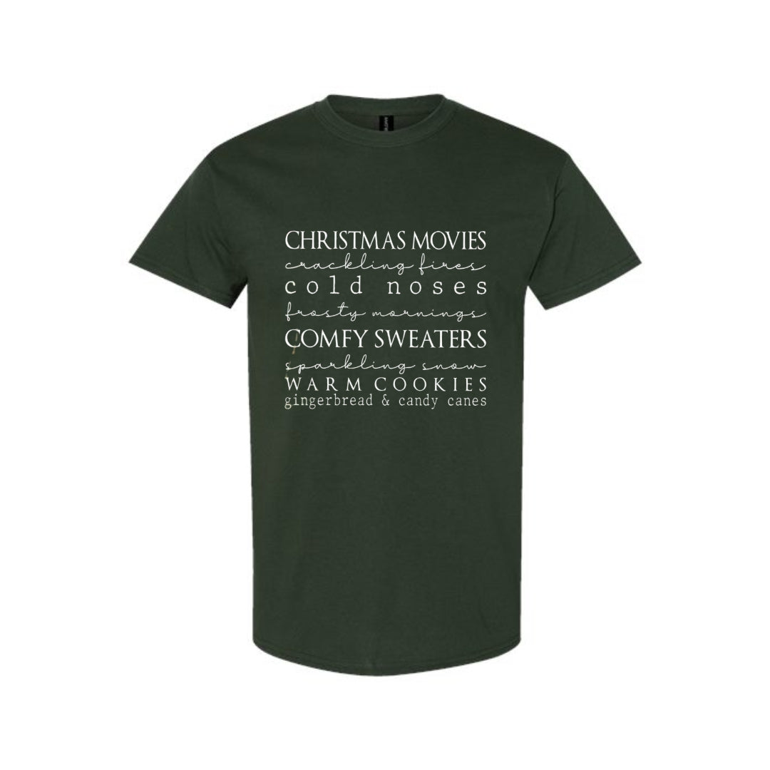 Minimalist Holiday Shirt - Christmas movies, crackling fires, cold noses, frosty mornings, comfy sweaters, sparkling snow, warm cookies, gingerbread & candy canes