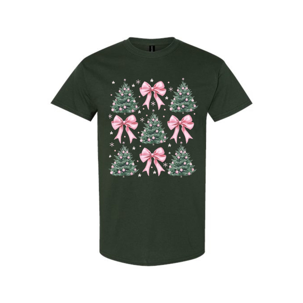 Holiday Shirt -Pink Bow Christmas Trees Graphic