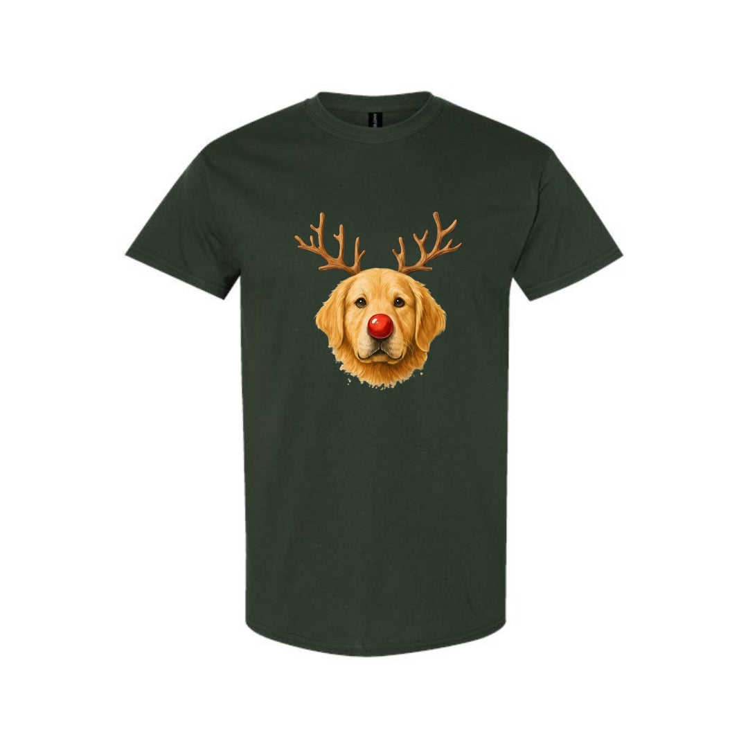 Merry & Furry Tees:Reindeer Golden Retriever Christmas Design – Cute Holiday Dog Graphic