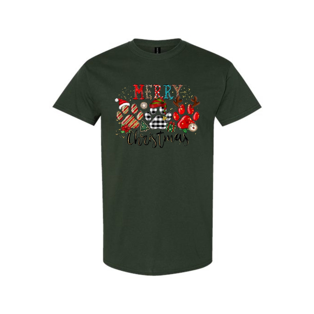 Merry & Furry Tees: Merry Christmas Paw Print Buffalo Plaid Holiday Apparel – Cute Festive Dog Lover Design