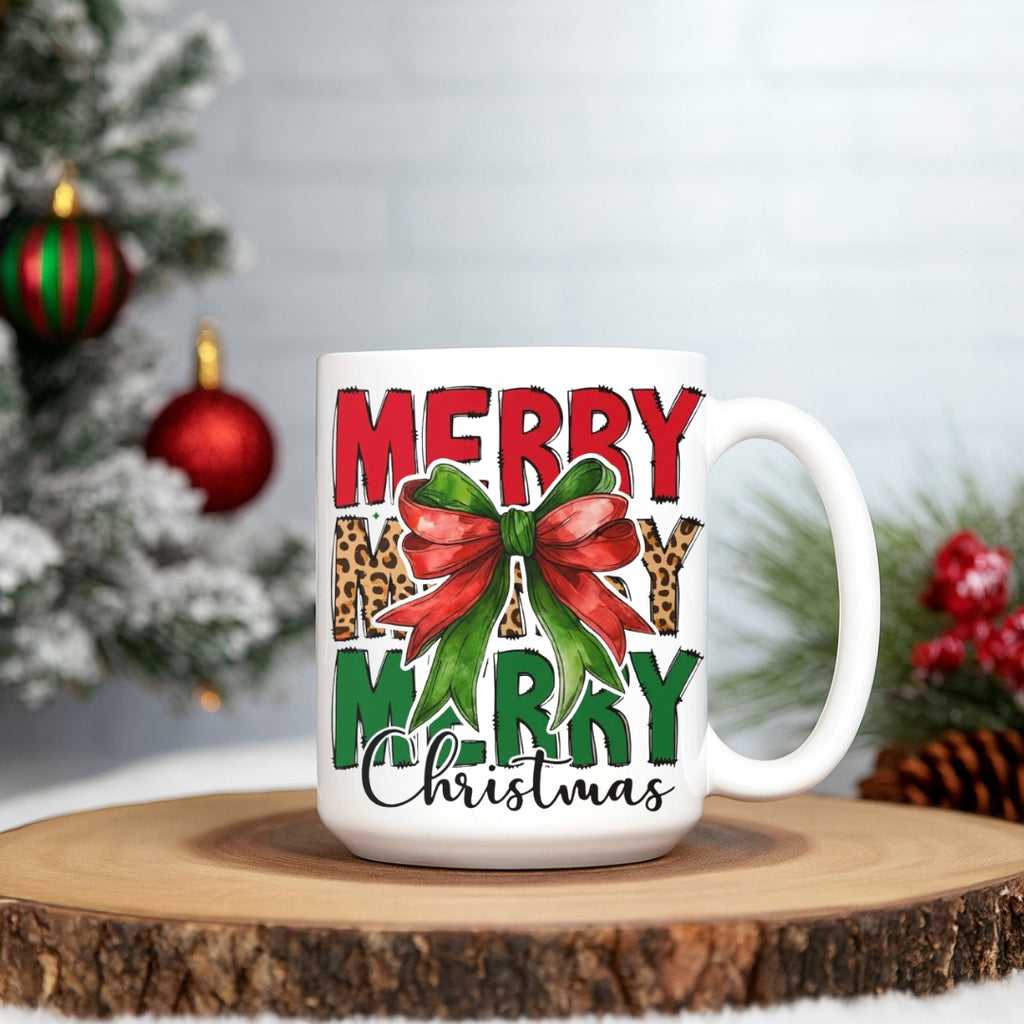 Merry Merry Merry Christmas Mug – Holiday Coffee Cup with Festive Bow & Leopard Print | Christmas Gift, Winter Drinkware