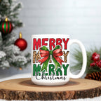 Merry Merry Merry Christmas Mug – Holiday Coffee Cup with Festive Bow & Leopard Print | Christmas Gift, Winter Drinkware
