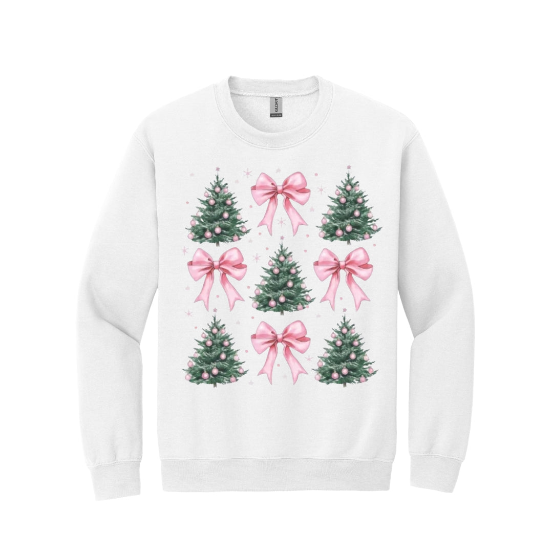Holiday Crewneck Sweatshirt- Pink Bow Christmas Trees Graphic