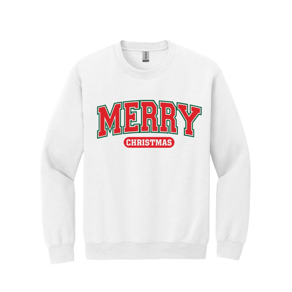 Holiday Crewneck Sweatshirt-Bold “Merry Christmas” Holiday Apparel – Classic Varsity Style Christmas Design
