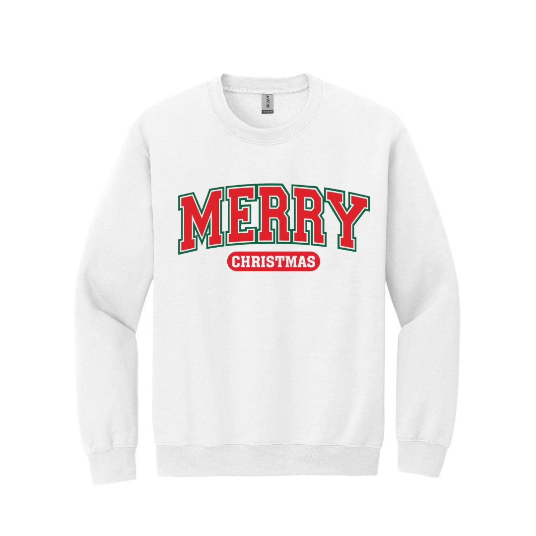 Holiday Crewneck Sweatshirt-Bold “Merry Christmas” Holiday Apparel – Classic Varsity Style Christmas Design