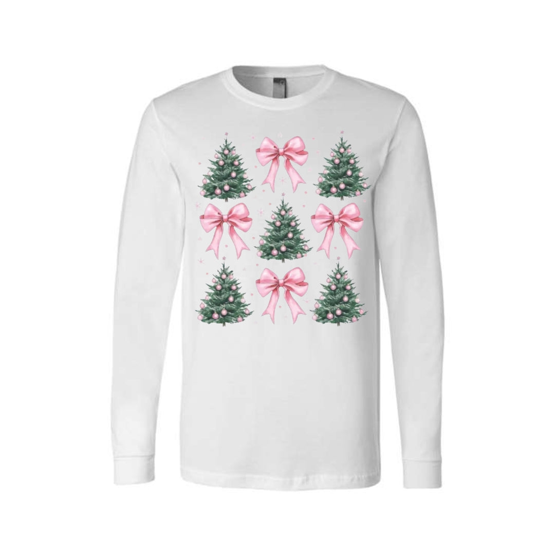 Holiday Long Sleeves-Pink Bow Christmas Trees Graphic