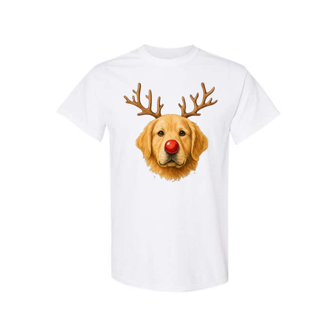 Merry & Furry Tees:Reindeer Golden Retriever Christmas Design – Cute Holiday Dog Graphic