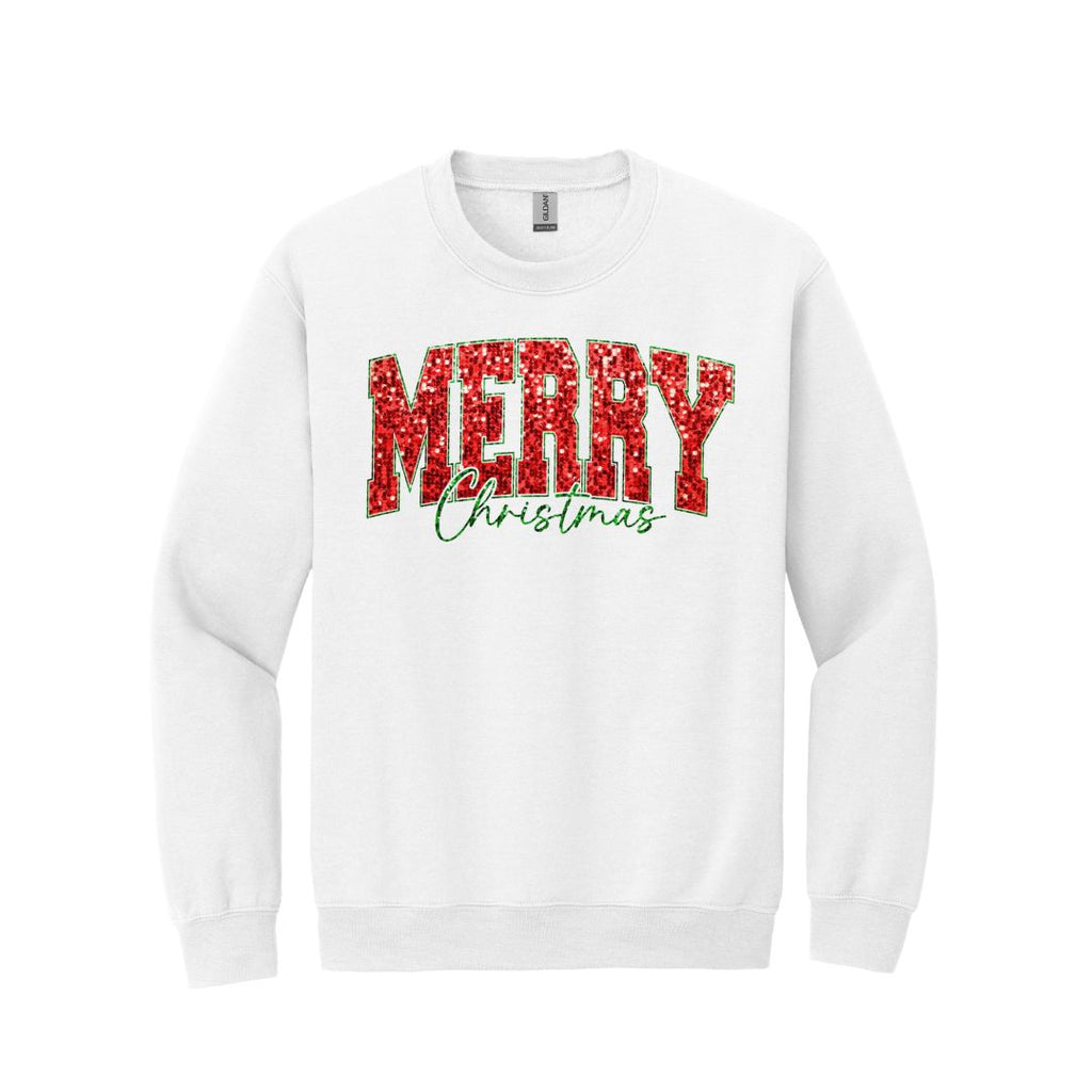 Holiday Crewneck Sweatshirt-“Merry Christmas” Glitter Varsity Design