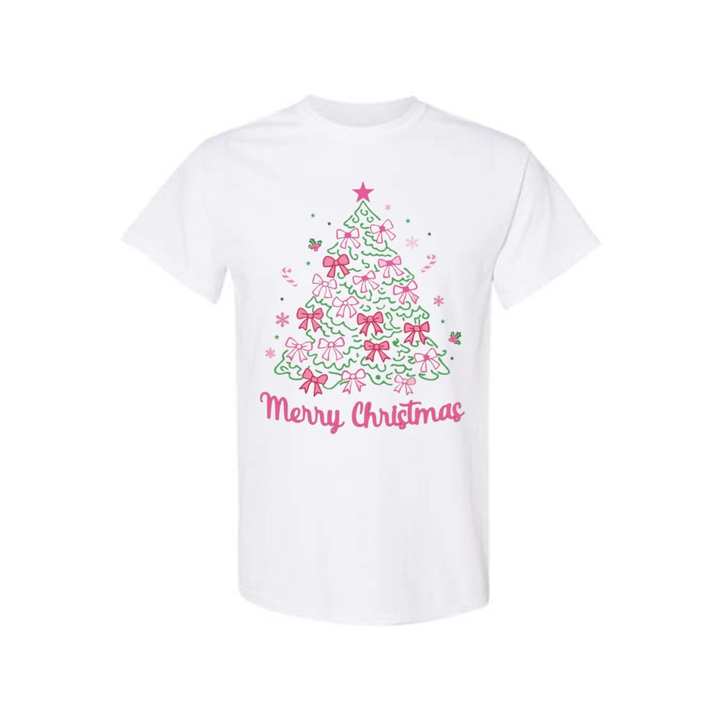 Holiday Shirt -Merry Christmas Pink Bow Tree Graphic
