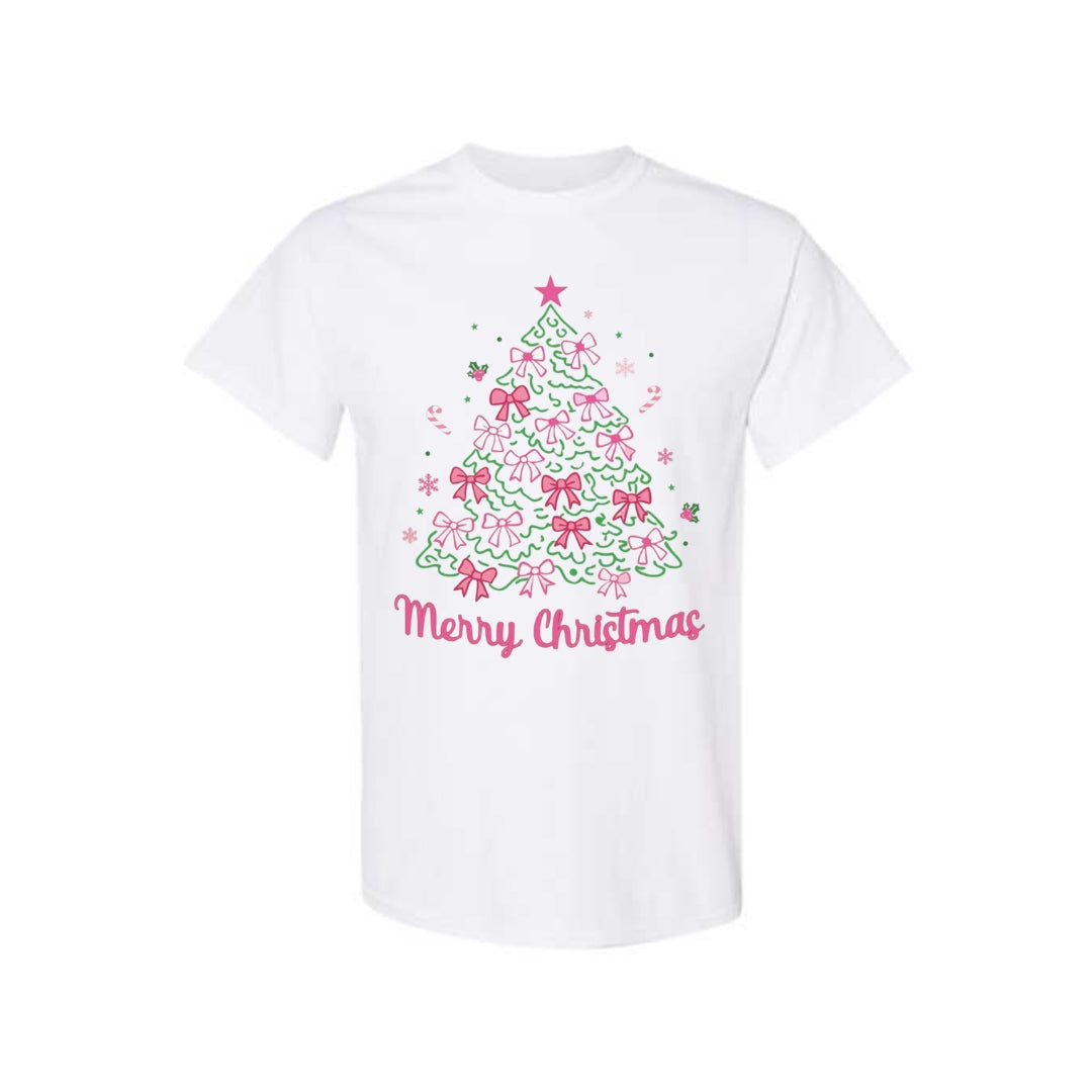 Holiday Shirt -Merry Christmas Pink Bow Tree Graphic