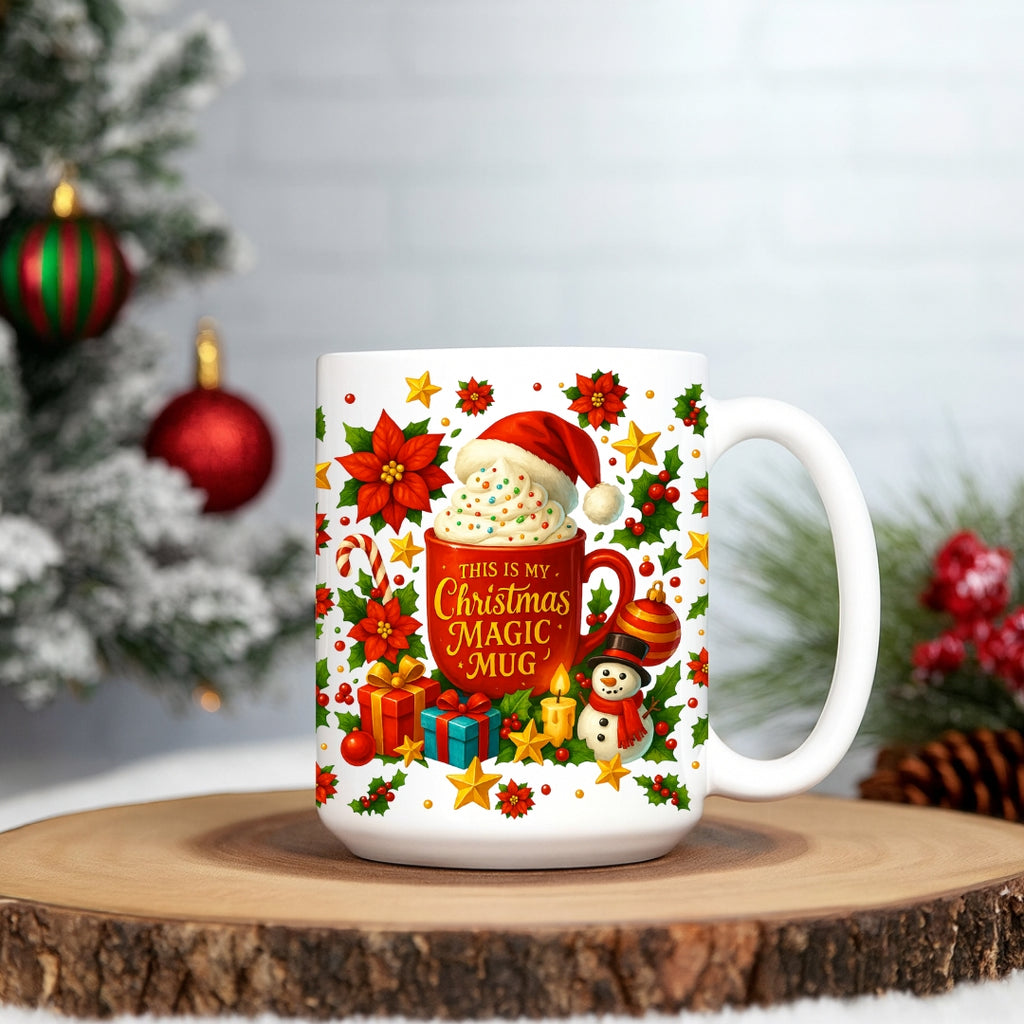 This Is My Christmas Magic Mug – Festive Holiday Hot Cocoa Cup with Santa Hat, Snowman & Gift Art | Cute Christmas Gift