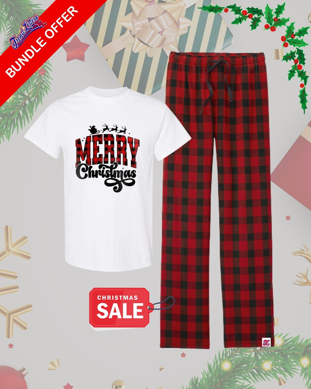 TL Holiday Bundle -🎄 Festive Plaid Christmas Pajama Set – “Merry Christmas” Tee & Red Buffalo Check Lounge Pants