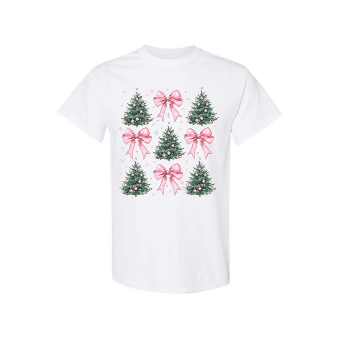 Holiday Shirt -Pink Bow Christmas Trees Graphic