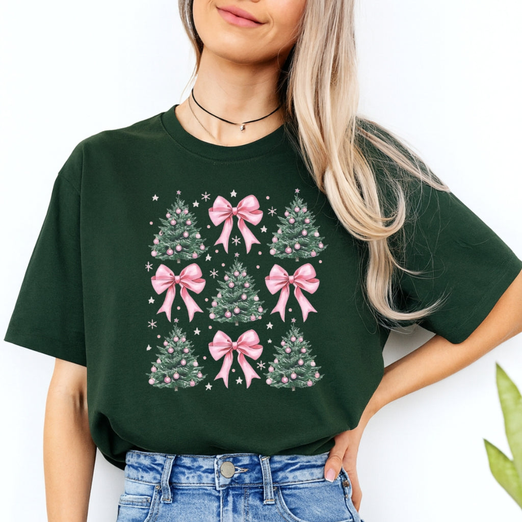 Holiday Shirt -Pink Bow Christmas Trees Graphic