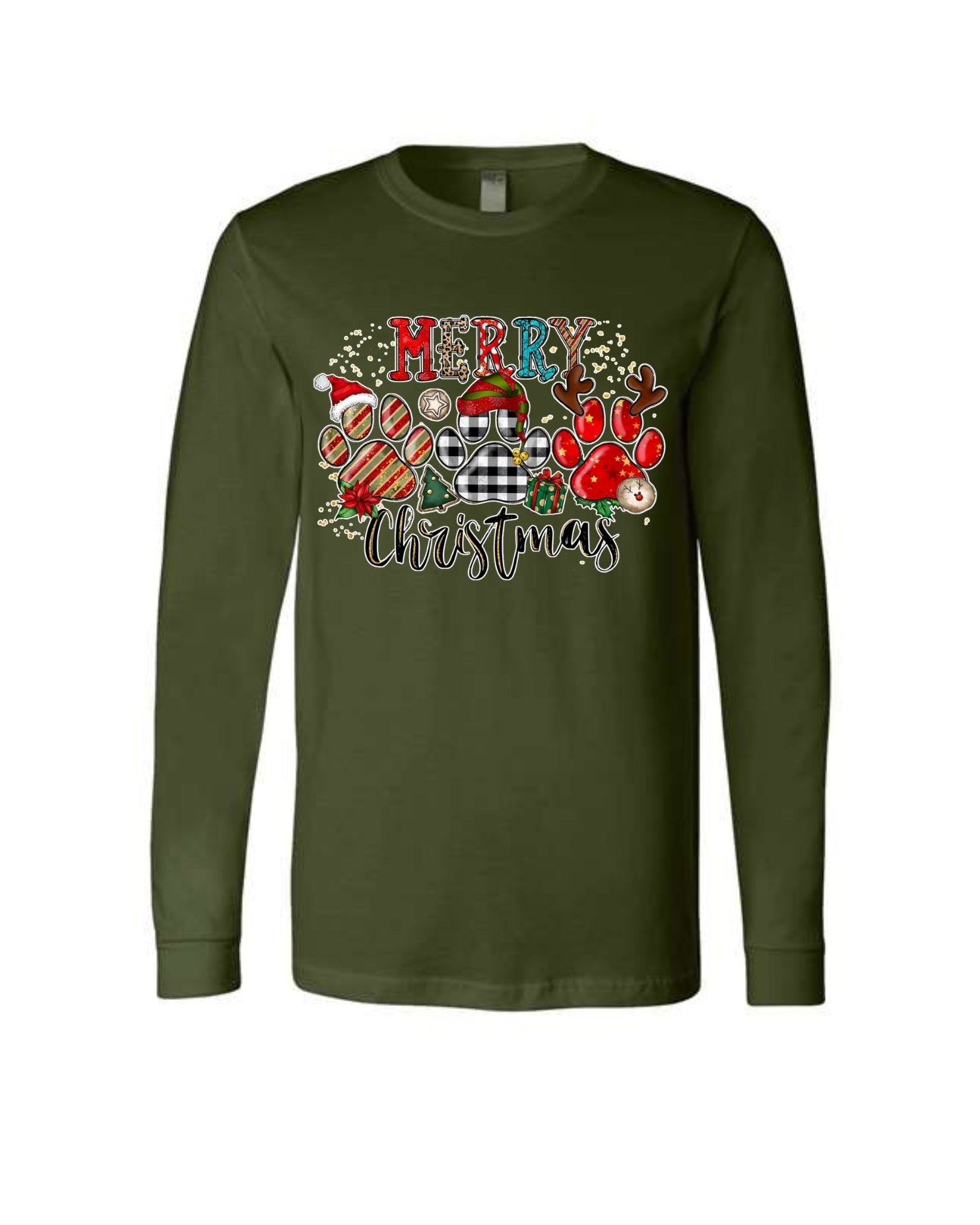 Merry Christmas Paw Print Buffalo Plaid Holiday Apparel – Cute Festive Dog Lover Design