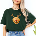 Merry & Furry Tees:Reindeer Golden Retriever Christmas Design – Cute Holiday Dog Graphic