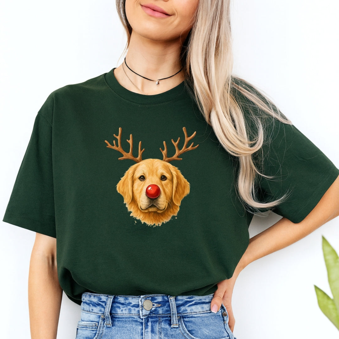 Merry & Furry Tees:Reindeer Golden Retriever Christmas Design – Cute Holiday Dog Graphic