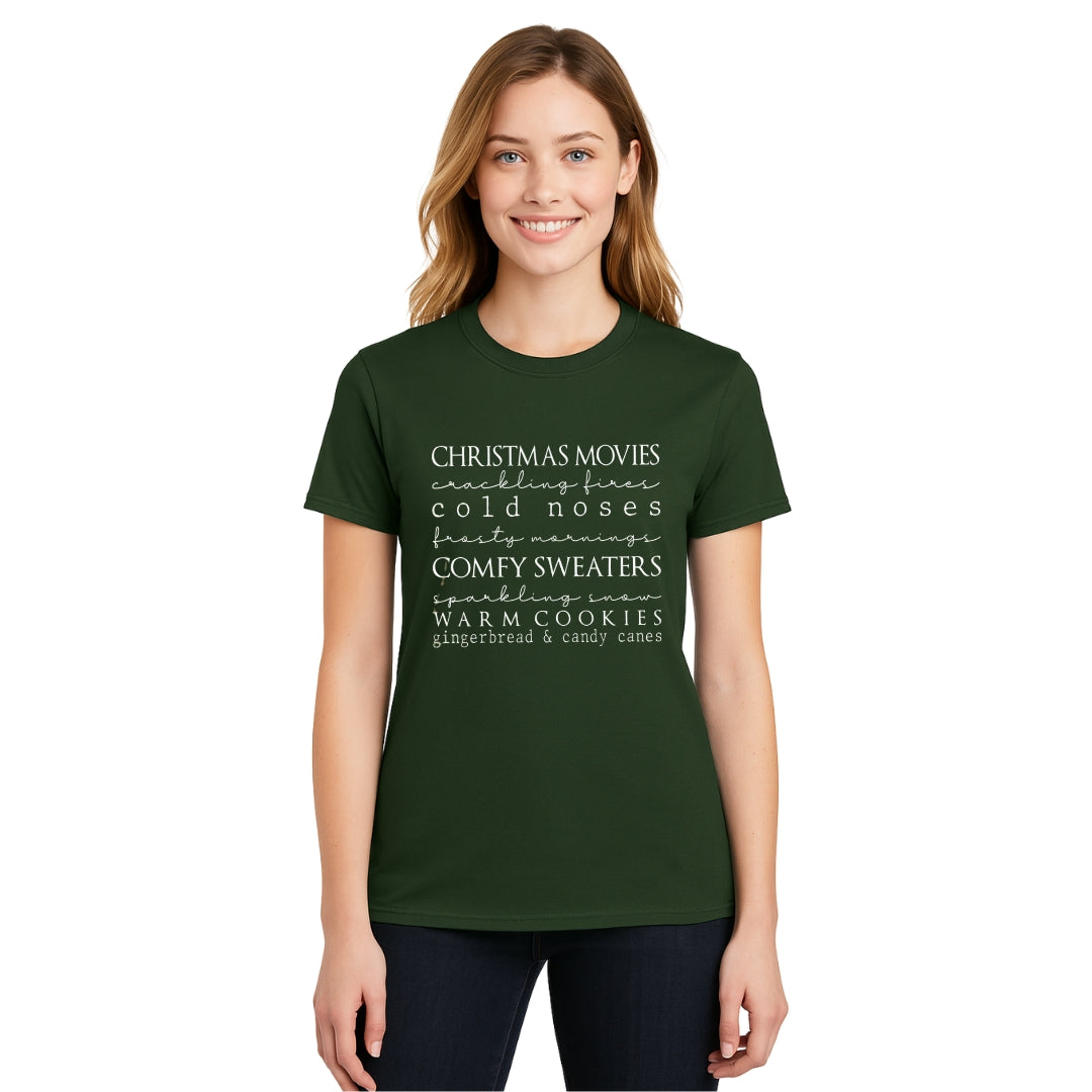 Minimalist Holiday Shirt - Christmas movies, crackling fires, cold noses, frosty mornings, comfy sweaters, sparkling snow, warm cookies, gingerbread & candy canes