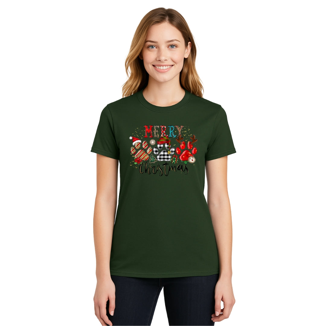 Merry & Furry Tees: Merry Christmas Paw Print Buffalo Plaid Holiday Apparel – Cute Festive Dog Lover Design