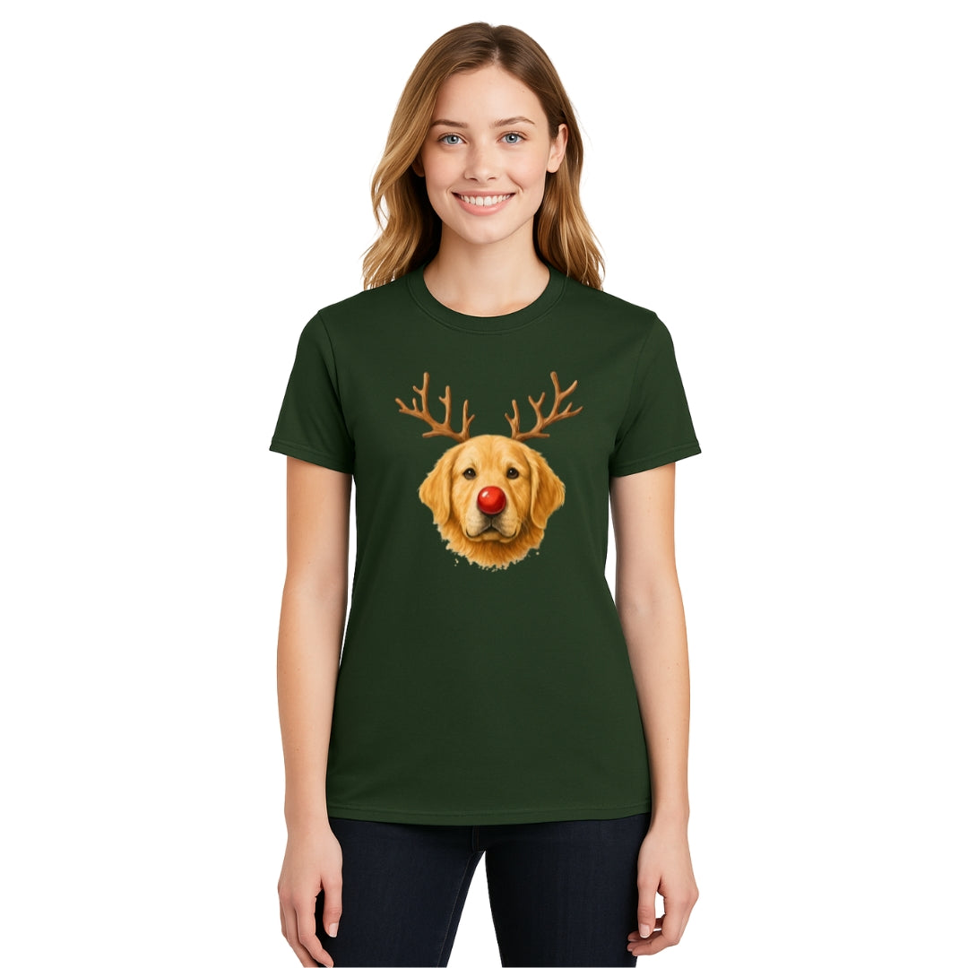 Merry & Furry Tees:Reindeer Golden Retriever Christmas Design – Cute Holiday Dog Graphic